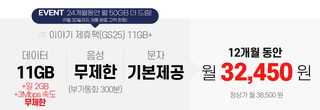 이야기 제휴팩(GS25) 11GB+, 데이터 11GB+일2GB+3Mbps속도무제한/음성 무제한(부가통화 300분)/문자 기본제공