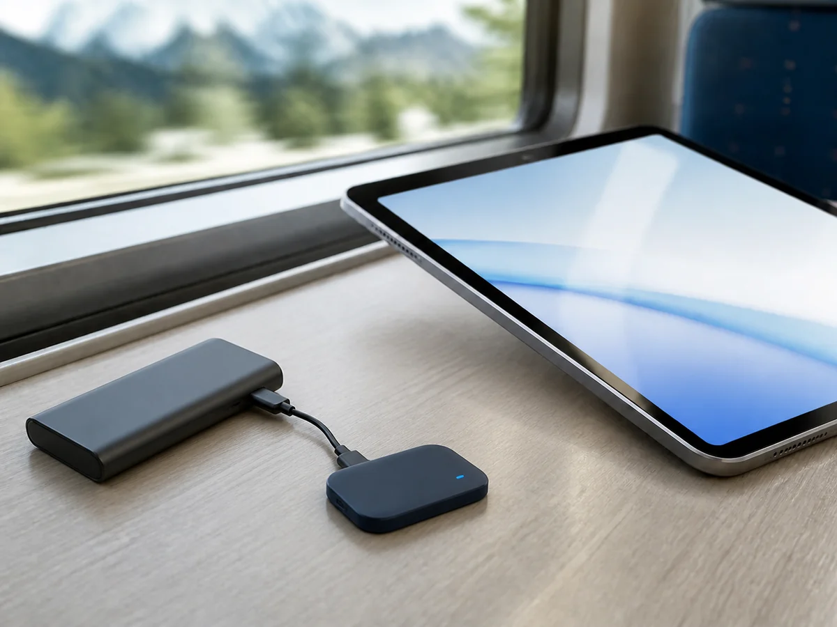 태블릿 옆 보조배터리에 연결된 소형 USB 인터넷 기기